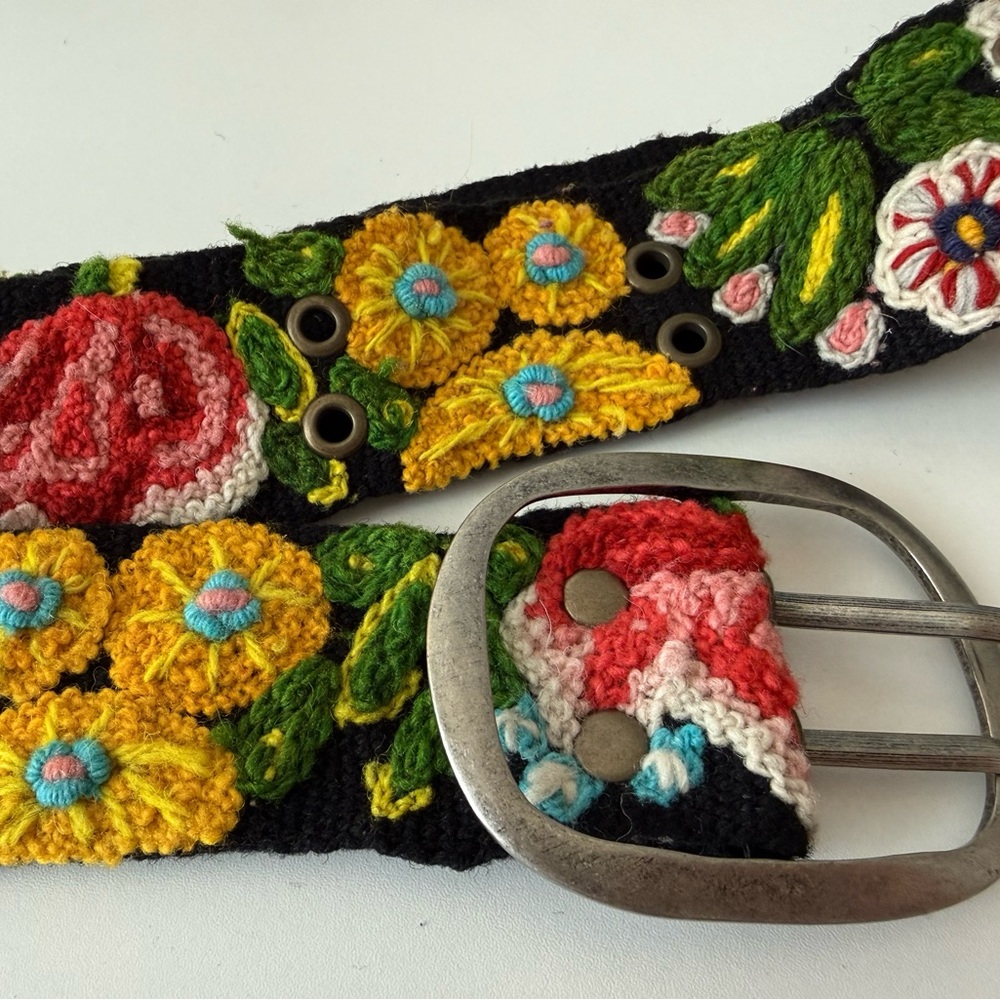 Jenny Krauss Floral Wool Belt Hand Embroidery Wildflowers Boho Artisan Festival - Picture 2 of 16